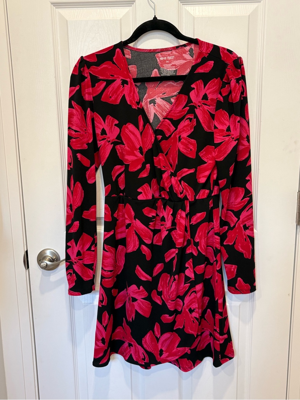 Nine West Black Dress with Pink Floral Print - Wrap V-Neck #1175